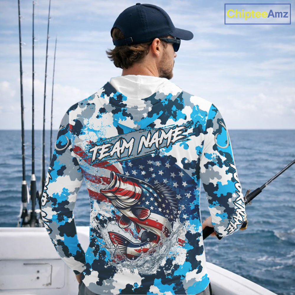 Blue Camouflage Bass Fishing American Flag Long Sleeve Hooded Fishing Shirts, Custom Bass Fishing Shirt NBT978