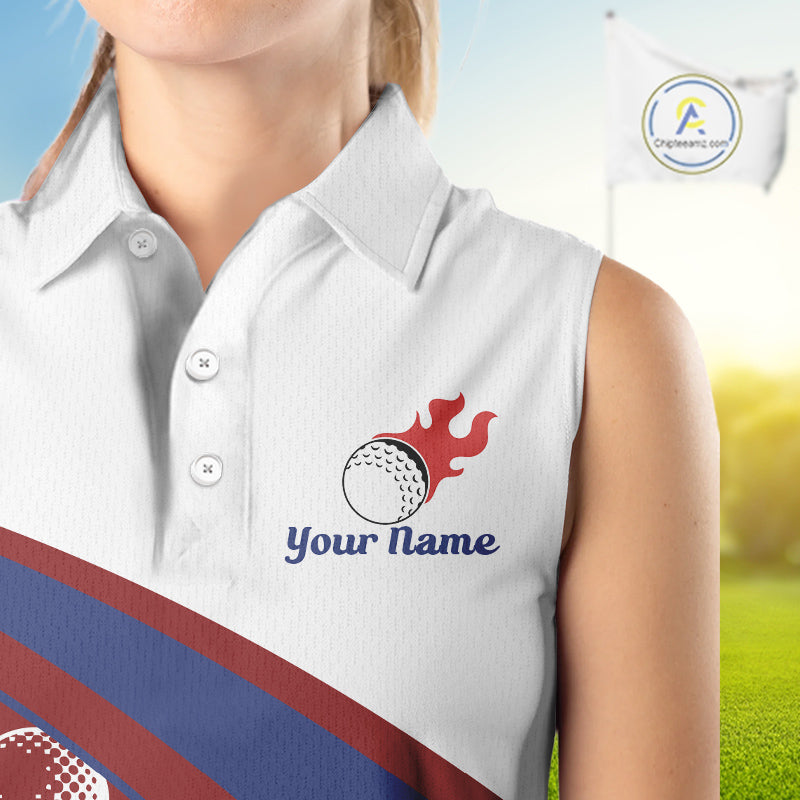 close up funny golf balls pattern on womens sleevless red golf polo shirt for ladies