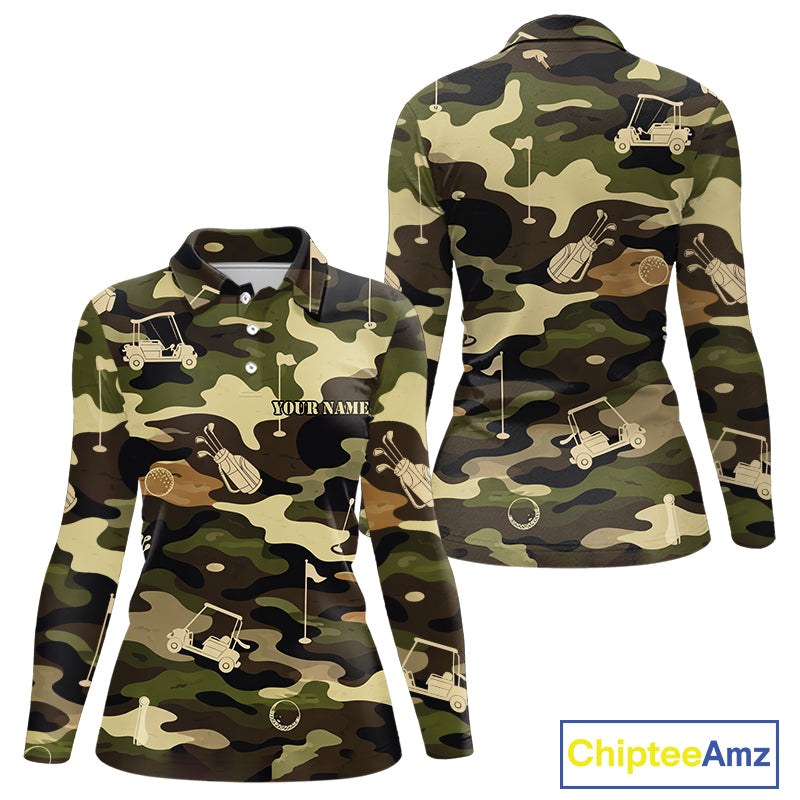 Green Camo Womens Golf Polo Shirts Custom Golf Attire For Ladies, Personalized Golfer Gifts NBT626