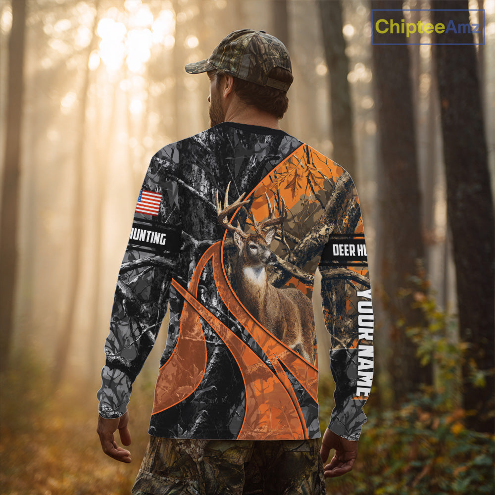 Whitetail Deer Hunting Orange and Black Camo Shirts with US Flag, Personalized Hunting Shirt NBT68
