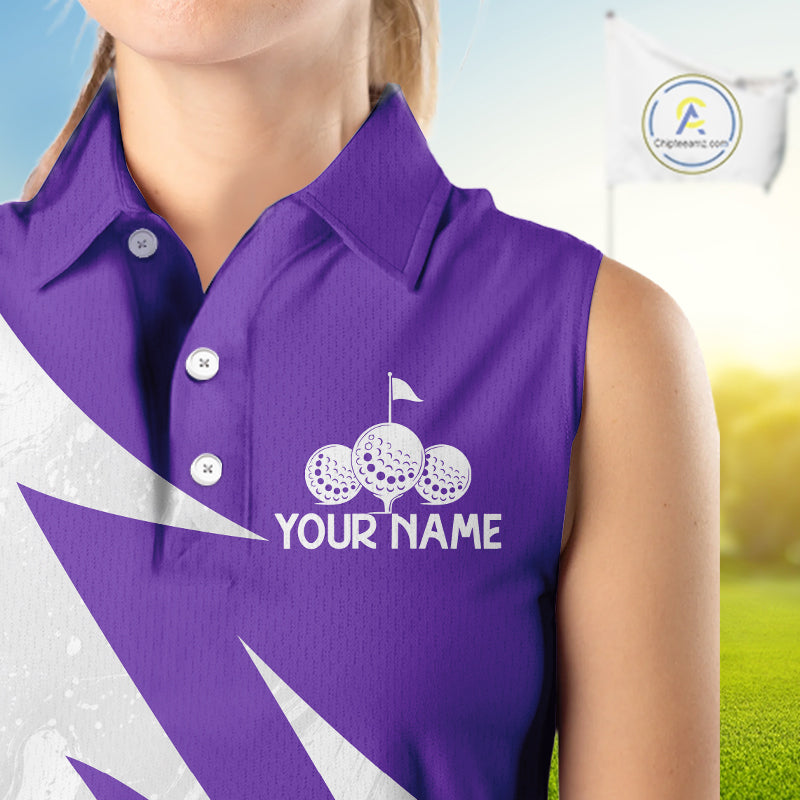 Womens Sleeveless Golf Polo Shirts Custom Name Purple And White Golf Shirt, Golf Attire NBT670
