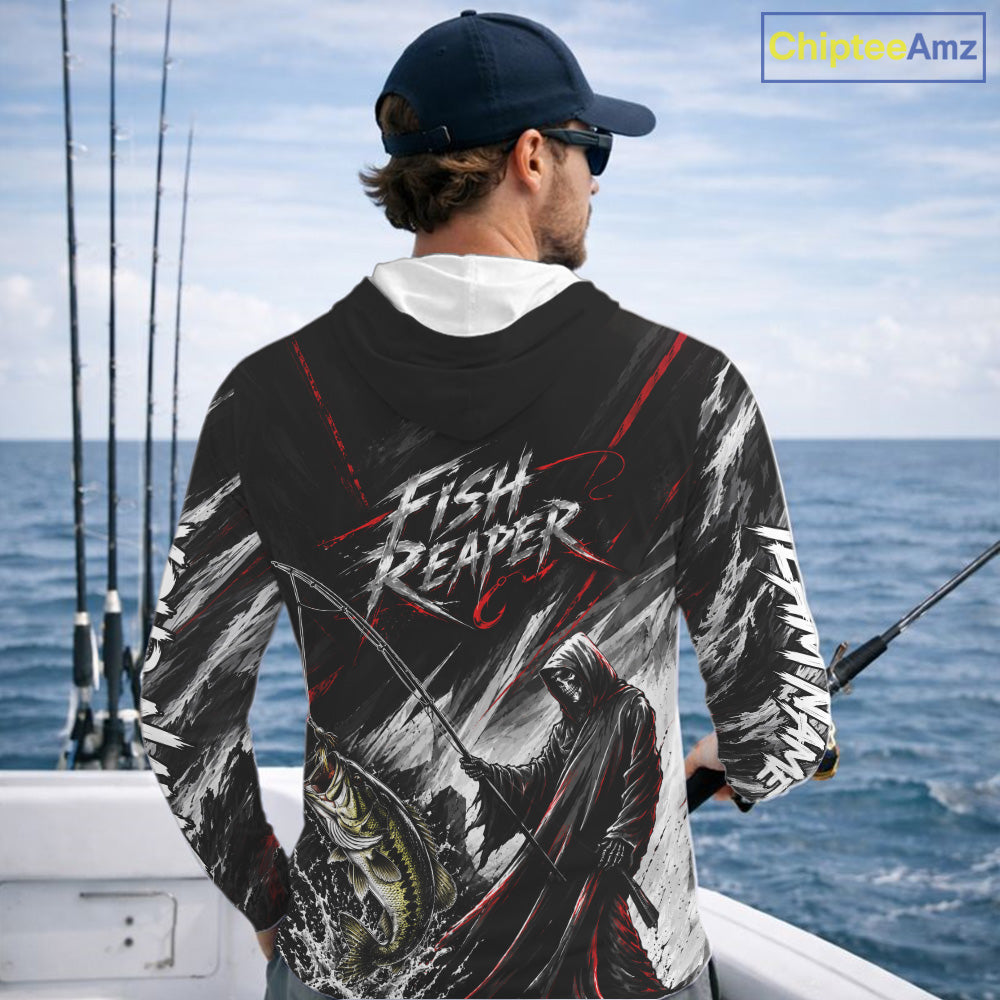 Personalized Bass Fishing Fish Reaper Long Sleeve Hooded Fishing Shirts, Fish Reaper Skull Fishing Jerseys NBT1099
