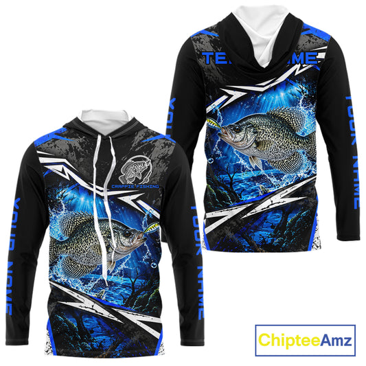 Personalized Blue Crappie Fishing Jerseys, Crappie Long Sleeve Hooded Tournament Fishing Shirts For Men NBT1239