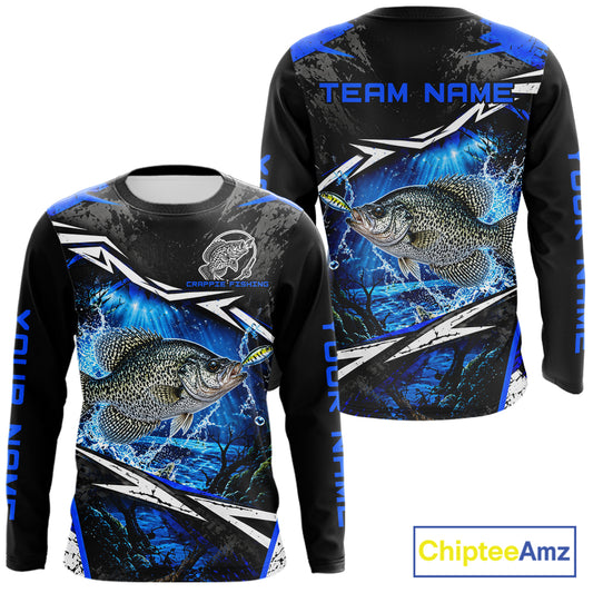 Personalized Blue Crappie Fishing Jerseys, Crappie Long Sleeve Tournament Fishing Shirts For Men NBT1239