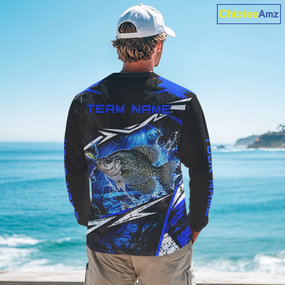 Personalized Blue Crappie Fishing Jerseys, Crappie Long Sleeve Tournament Fishing Shirts For Men NBT1239