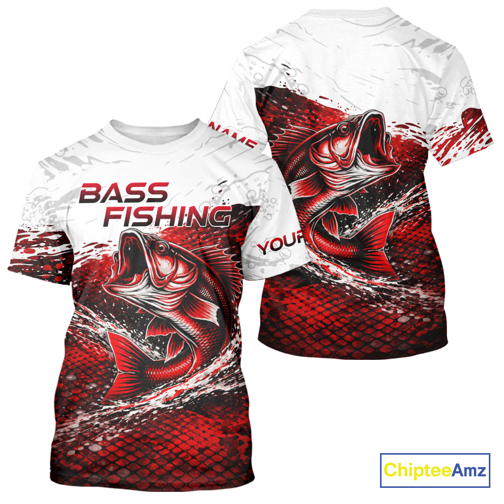 Custom Largemouth Bass Red Fish Scale Fishing Shirts, Bass Fishing Jerseys|Red NBT344