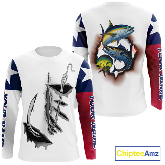 Personalized Texas Flag Mahi Mahi, Wahoo, Tuna Performance Long Sleeve Fishing Shirts NBT690