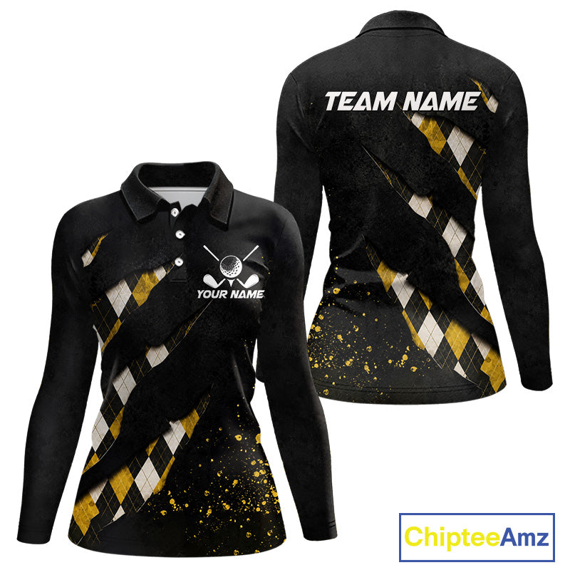 Front and back views of a womens black and yellow argyle pattern golf polo shirt, chest name text, and team name on the back.