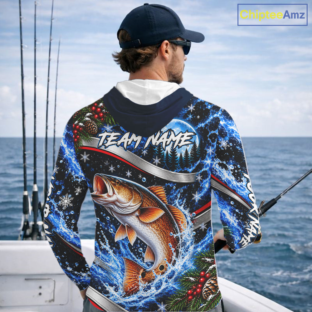 Personalized Christmas Redfish Fishing Long Sleeve Hooded Fishing Shirts, Xmas Fishing Gifts For Men NBT1253