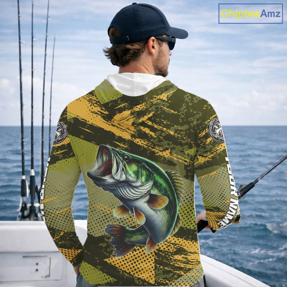 Green Camo Custom Largemouth Bass Fishing Shirts with Hood For Men, Bass Fishing Jerseys NBT438