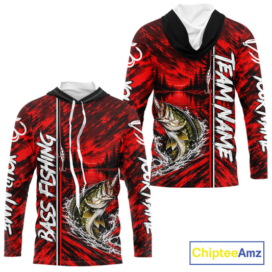 Personalized Red Bass Fishing Sport Jerseys, Bass Fishing Long Sleeve Hooded Tournament Shirts NBT1116