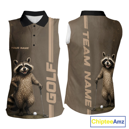 Personalized Funny Brown Raccoon Custom Name Sleeveless Polo Golf Shirt For Womens, Golfer Gifts NBT888
