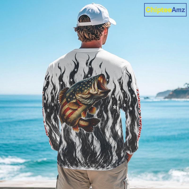 Black Camo American Flag Bass Fishing Shirts Long Sleeve, Patriotic Fishing Shirt NBT456