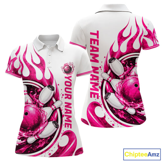 Custom Breast Cancer Pink Ribbon And Flame Bowling Team Women Polo Quarter Zip Shirt NBT1162