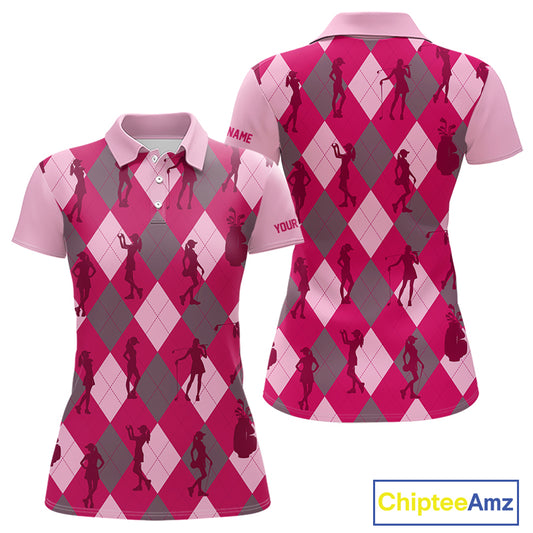 Pink Argyle Womens Golf Polo Shirts, Golf Shirts Custom Team Golf Polo For Ladies Team Golf Tops NBT490