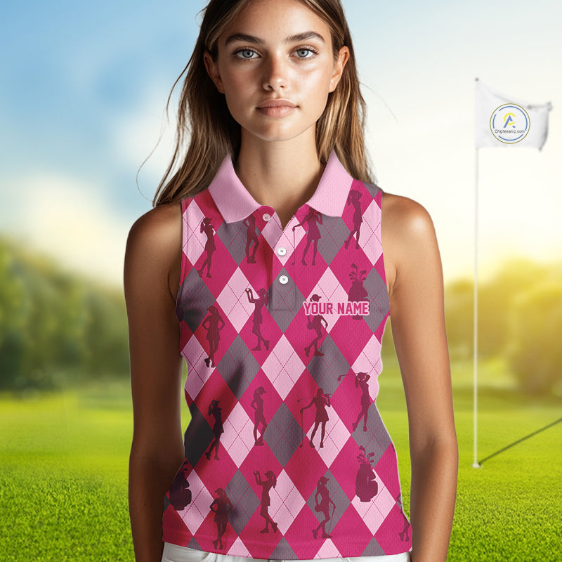 Pink Argyle Womens Sleeveless Golf Polo Shirts, Golf Shirts Custom Team Golf Polo For Ladies Team Golf Tops NBT490