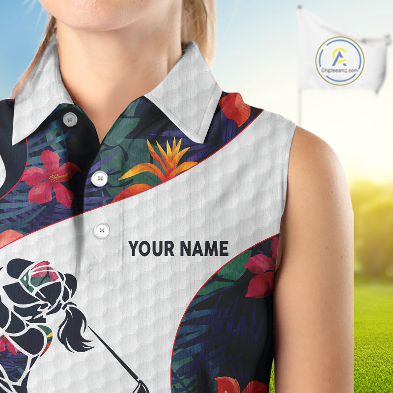 Custom Name Colorful Tropical Pattern Golf Women's Sleeveless Polo Shirt, White Golf Shirt, Team Golf Top NBT498