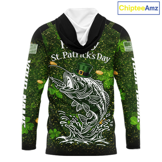Custom St Patrick's Day American Flag Bass Long Sleeve Hooded Fishing Shirts, Patriotric Bass Fishing Jerseys NBT381