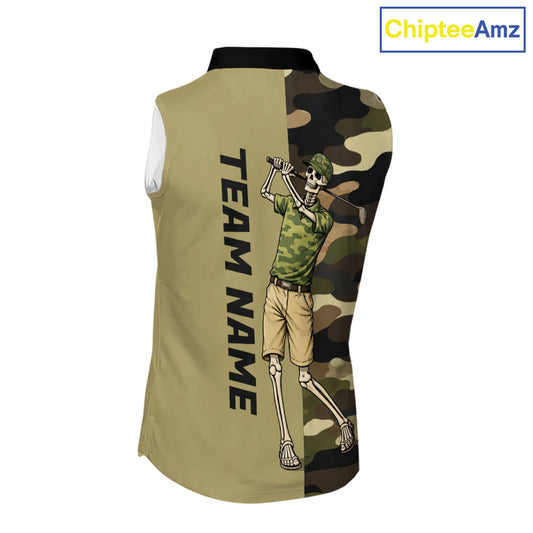 Funny Skull Womens Sleeveless Golf Polo Shirts Green Camo Pattern Custom Name Skull Playing Golf Apparel NBT625