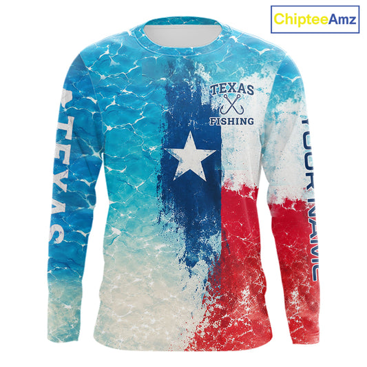 Texas Bass Fishing Texas Flag, Blue Sea Wave Ocean Camo Long Sleeve Bass Fishing Shirt NBT866