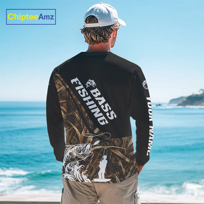 Personalized Largemouth Bass Tatto Grass Camo Customized Long Sleeve Fishing Tournament Shirts NBT355