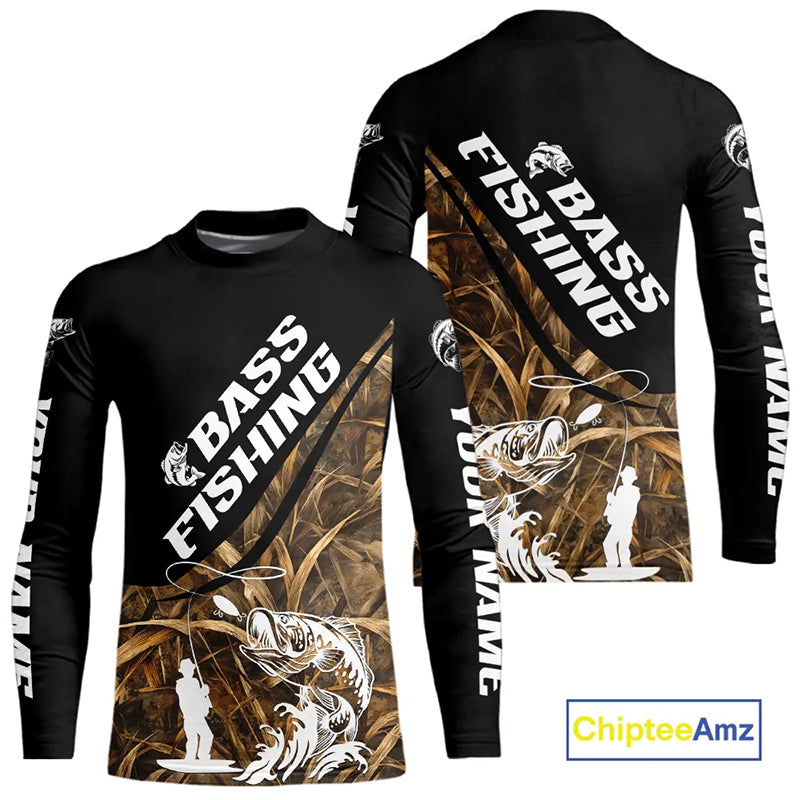 Personalized Kid Largemouth Bass Fishing Shirts Long Sleeve Tatto Grass Camo Custom Fishing Jerseys NBT355