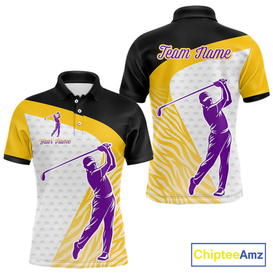Yellow & Purple Zebra Pattern Mens Golf Polo Shirts Custom Name Gift For Golf Lovers NBT583