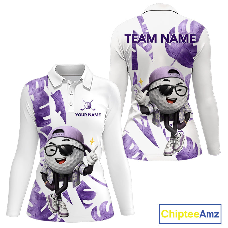 Funny Golf Ball Tropical Pattern Custom Womens Golf Polo Shirts, Golfing Gifts|Purple NBT710