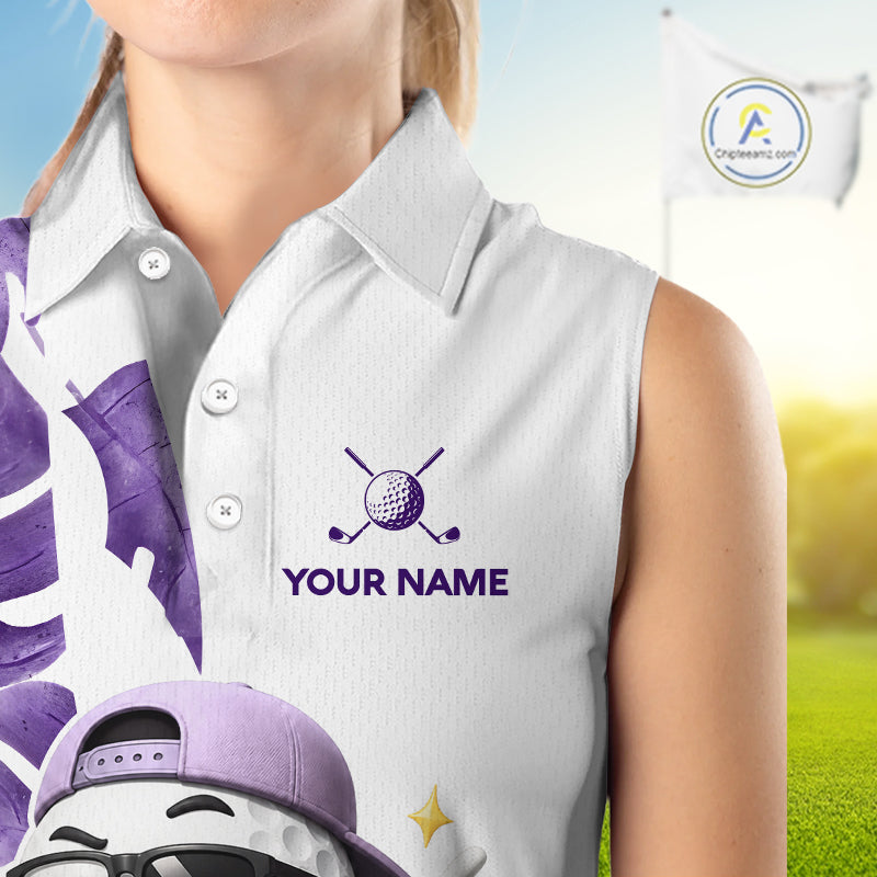 Funny Golf Ball Tropical Pattern Custom Womens Sleeveless Golf Polo Shirts, Golfing Gifts|Purple NBT710