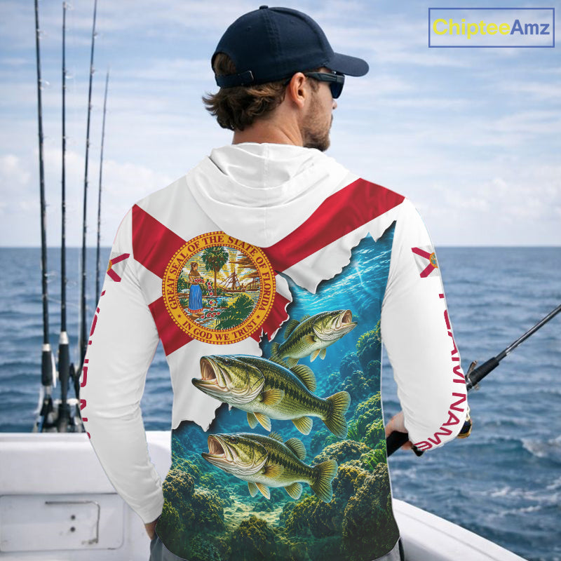 Florida Flag Largemouth Bass Blue Camo Custom Performance Long Sleeve Hooded Fishing Shirts NBT1148