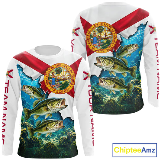 Florida Flag Largemouth Bass Blue Camo Custom Performance Long Sleeve Fishing Shirts NBT1148