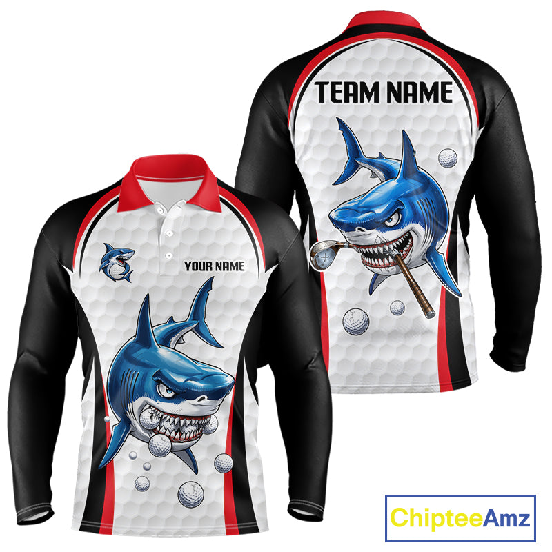 Custom Mens Golf Polo Shirt Funny Red And White Shark Pattern Golf Shirts For Men, Team Golf Shirts NBT821