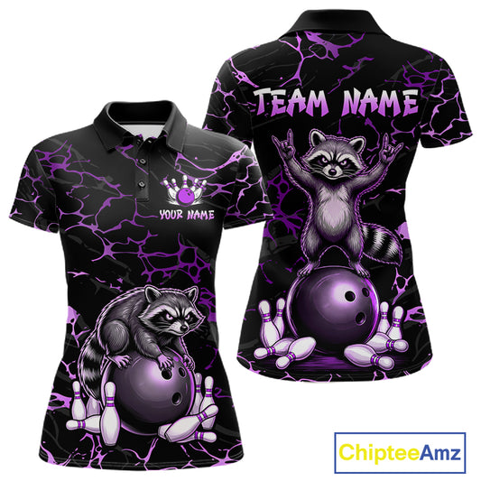 Purple Funny Raccoon Bowling Team Shirt Customized Bowling League Polo & 1/4 Zip Gift For Women NBT894