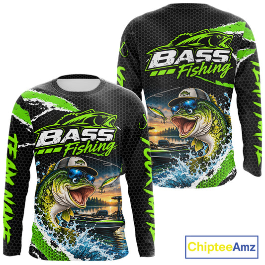 Personalized Green Funny Bass Fishing Sport Jerseys, Bass Fishing Long Sleeve Tournament Shirts NBT1157