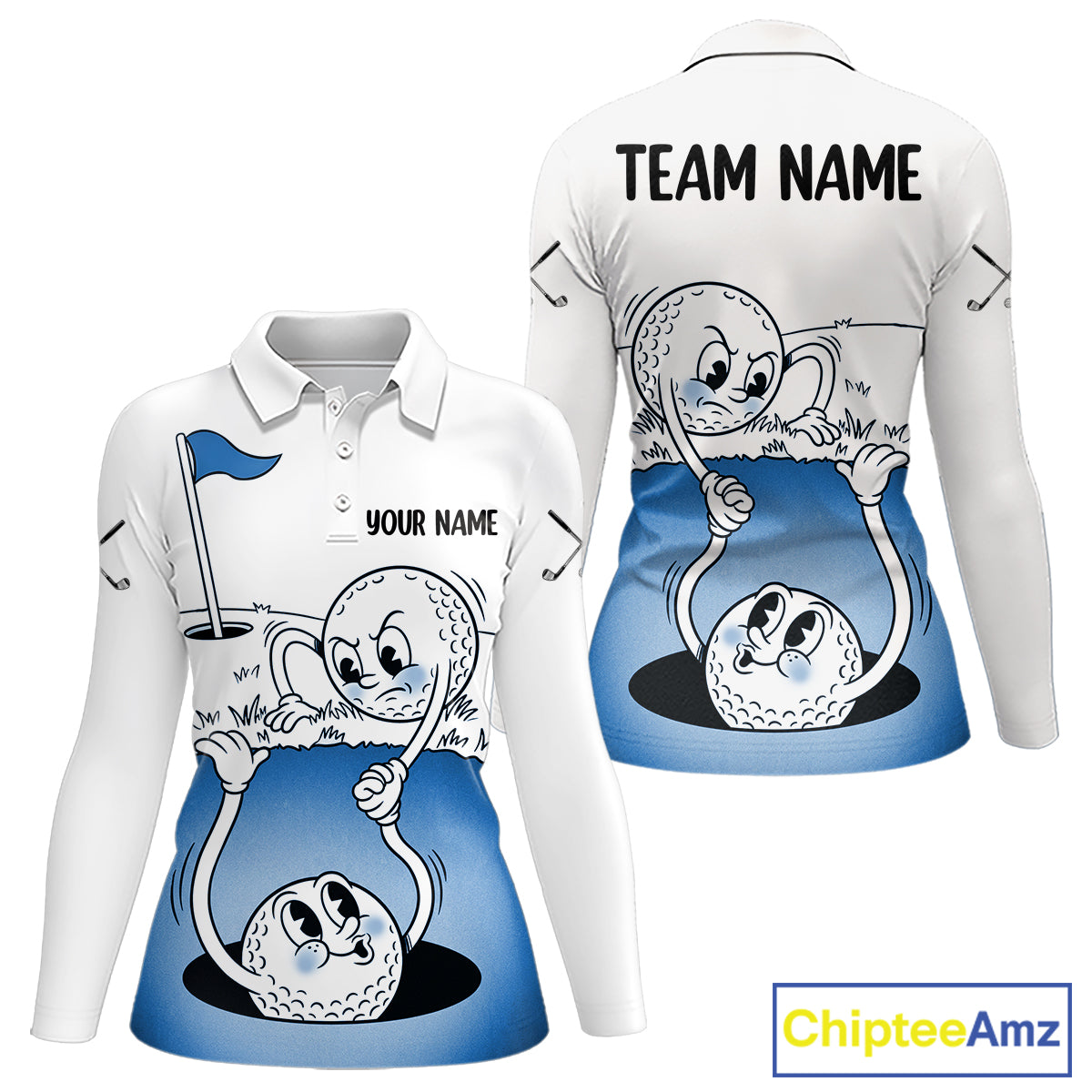 Blue Funny Golf Rescue Team Polo Shirt Custom Name, Golf Ball Cartoon Polo, White Golf Shirt NBT599