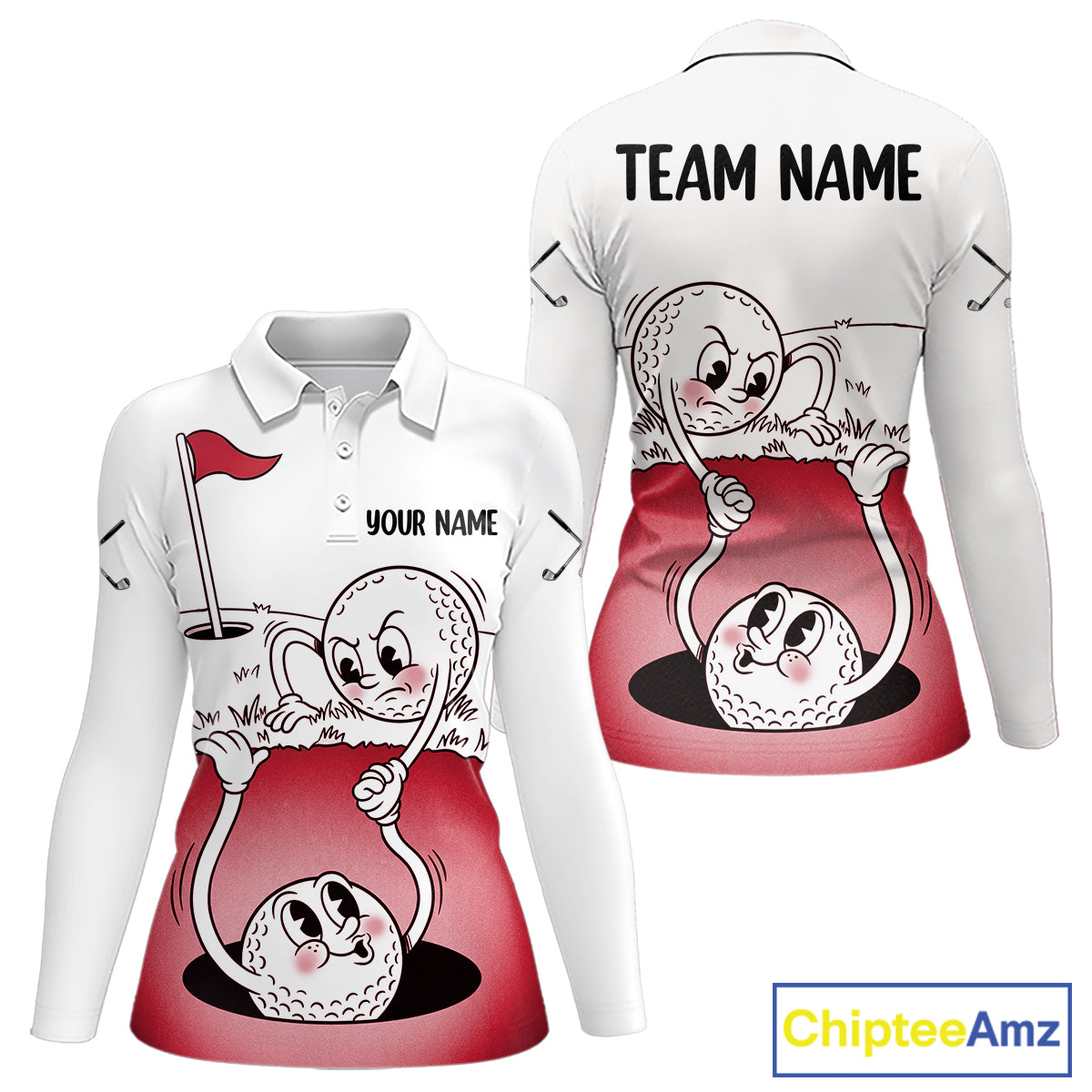 Red Funny Golf Rescue Team Polo Shirt Custom Name, Golf Ball Cartoon Polo, White Golf Shirt NBT601