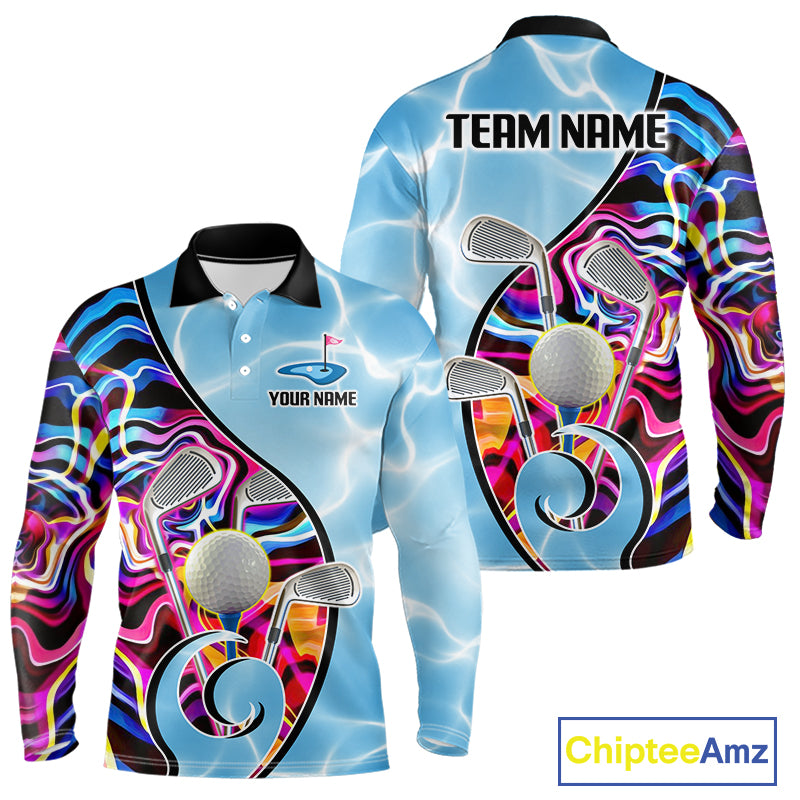 Mens Golf Polo Shirt Holographic Marble Golf Pattern For Team, Golf Attire For Men|Blue NBT724