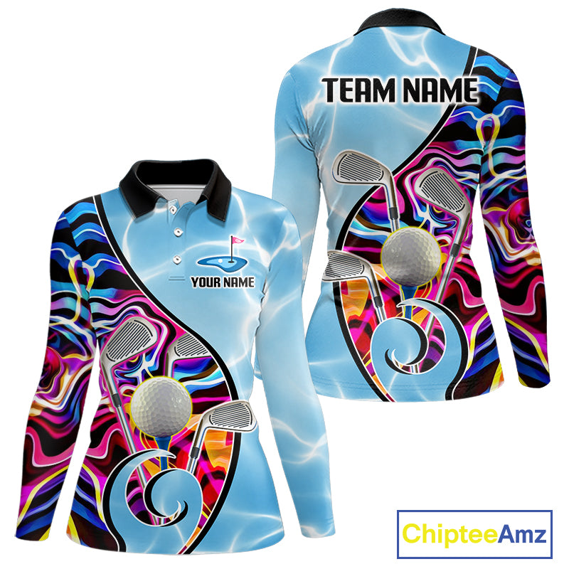 Womens Golf Polo Shirt Holographic Marble Golf Pattern For Team, Golf Attire For Women|Blue NBT724