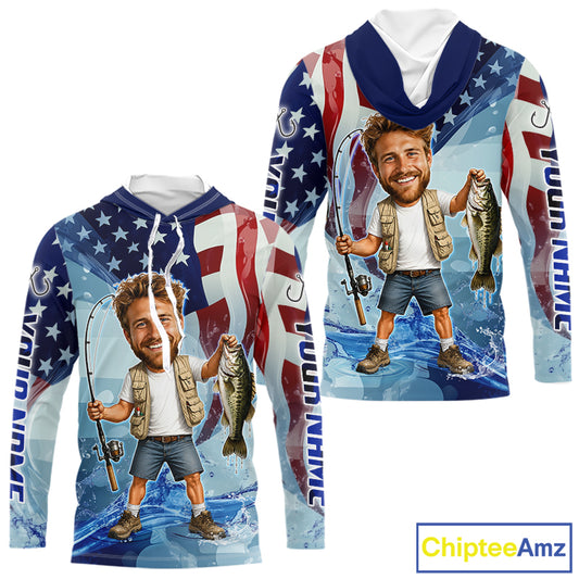 Custom Photo Funny Bass Fishing Shirts Long Sleeve Hooded American Flag For Men, Funny Bass Fishing Team|Blue NBT730