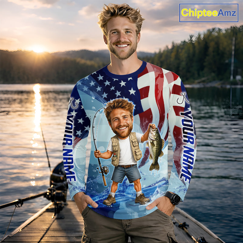 Custom Photo Funny Bass Fishing Shirts Long Sleeve American Flag For Men, Funny Bass Fishing Team|Blue NBT730