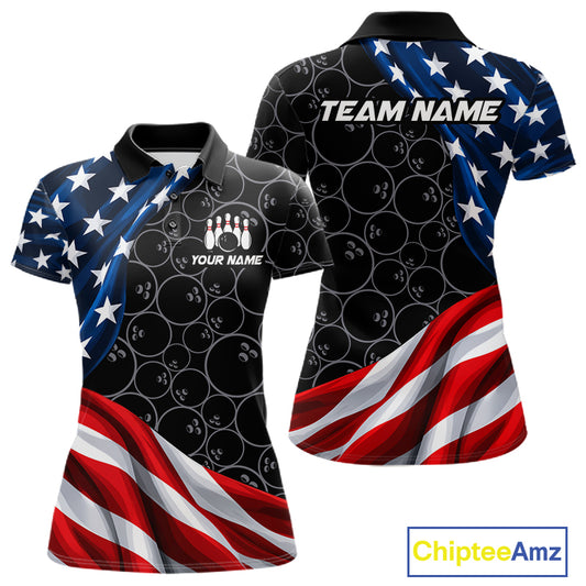 Personalized American Flag Black Bowling Team Shirts For Women Patriotic Bowling Gifts NBT1053