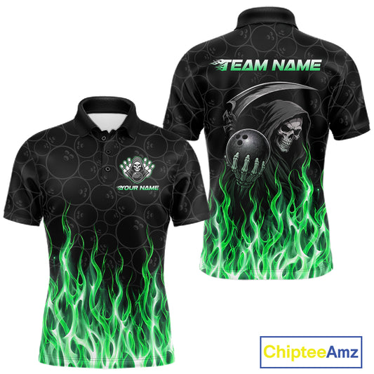 Custom Green Fire Flame Grim Reaper Skull Bowling Men Polo & 1/4 Quarter Zip Shirt, Halloween Outfit NBT1055