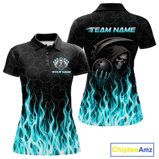 Custom Turquoise Fire Flame Grim Reaper Skull Bowling Women Polo & 1/4 Quarter Zip Shirt, Halloween Outfit NBT1056