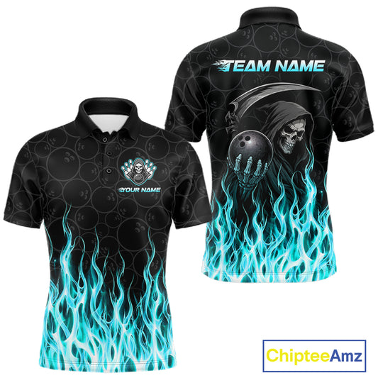 Custom Turquoise Fire Flame Grim Reaper Skull Bowling Men Polo & 1/4 Quarter Zip Shirt, Halloween Outfit NBT1056