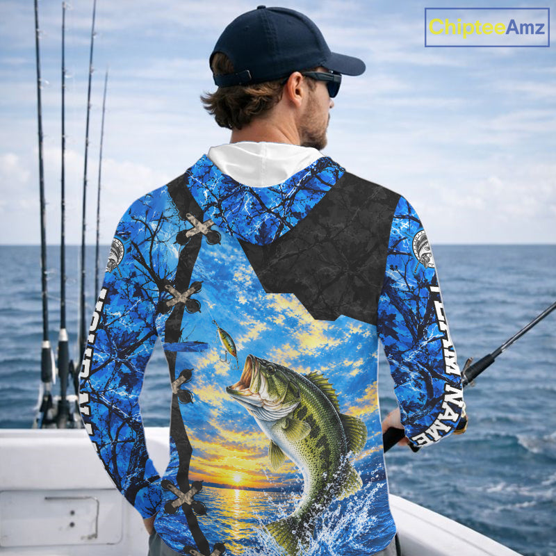 Custom Name Blue Camo Bass Fishing Jerseys, Largemouth Bass Long Sleeve Hooded Fishing Shirt NBT1169