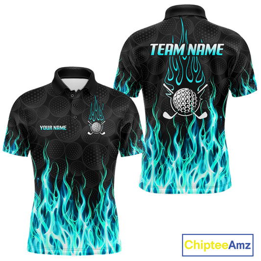 Mens golf polo shirt front and back view, custom team name, tailored fit for perfect golf swing