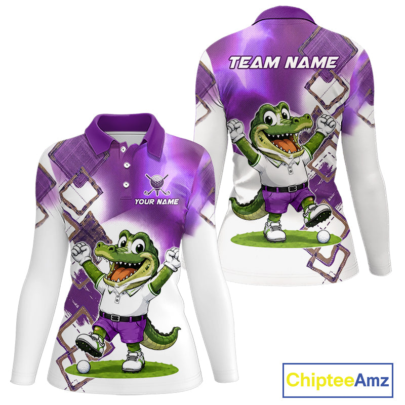 Funny Alligator Womens Golf Polo Shirt Custom Name, Team Golf Shirts, Golf Gifts | Purple NBT840