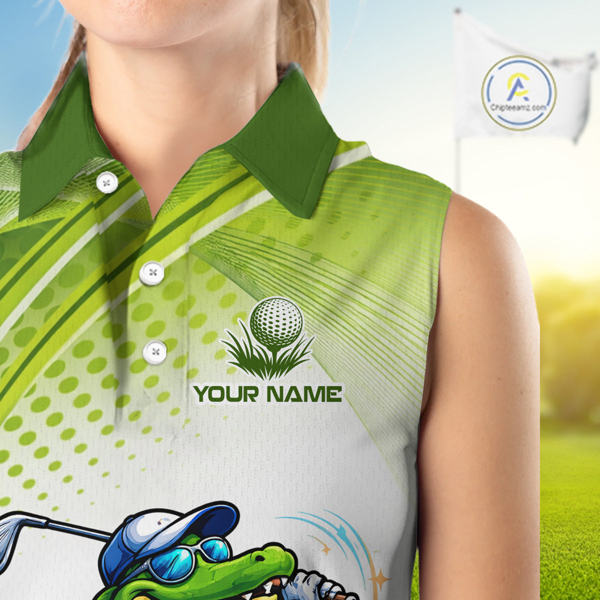 Funny White And Green Alligator Sleeveless Golf Polo Shirts For Women Custom Team Alligator Golf Outfit, Golfer Gifts NBT508