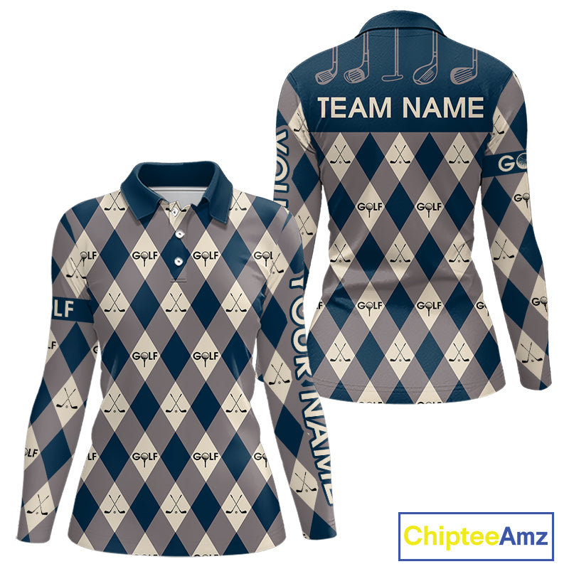 Blue Argyle Plaid Pattern Womens Golf Polo Shirts Custom Golf Attire For Ladies, Team Golf Shirt NBT636