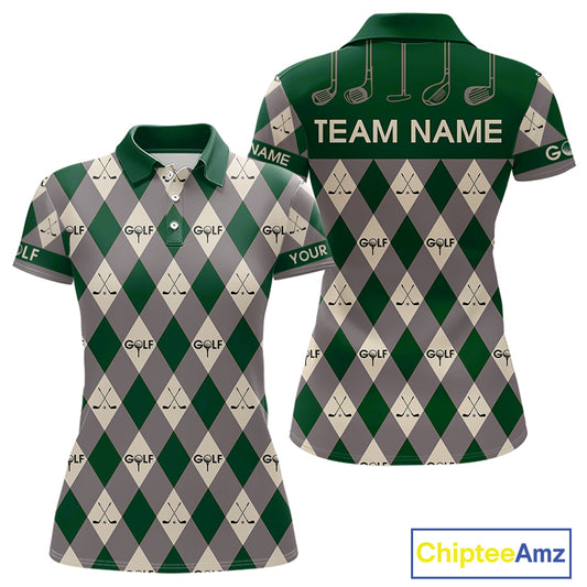 Green Argyle Plaid Pattern Womens Golf Polo Shirts Custom Golf Attire For Ladies, Team Golf Shirt NBT637